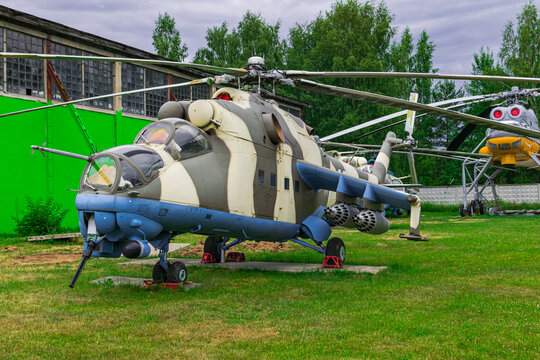 MoscowRussia; June 26 2019: Mil Mi-24 V,  Soviet Air Force helicopter gunship, displayed in russian aircraft museum