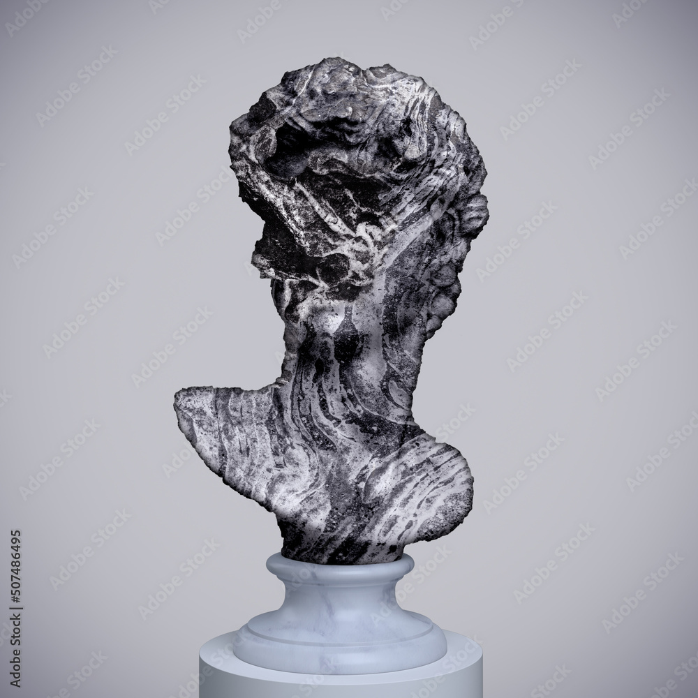 Poster abstract illustration of rock material head sculpture of classical style on a pedestal isolated on b