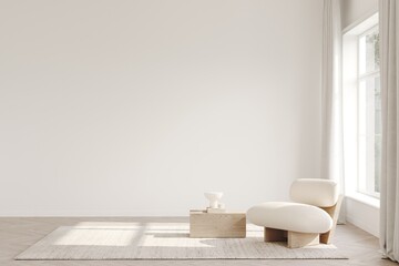 White room with fashionable sofa and a coffee table on a wooden parquet. Light and shadows on the foor. 3D rendering, layout for art presentation