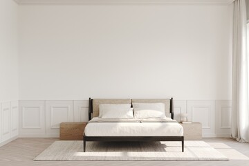 White bedroom with big bed and a bedside tables, empty white wall. Light and shadows on the foor. 3D rendering, layout for art presentation