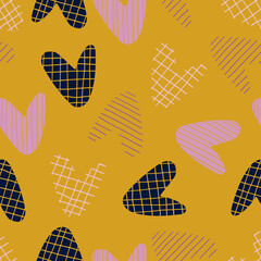 Seamless pattern with striped and plaid hearts in dark blue, pink and lilac colors on a yellow background.