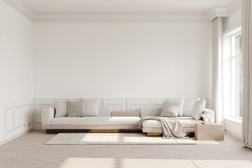 Fototapeta na wymiar 3d rendering of modern living room with cream sofa and wooden coffee table, cornice. white wall , carpets on parquet, decor. Light and shadows on the floor