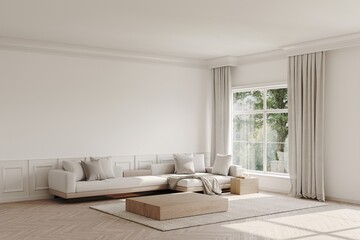 3d rendering of modern living room with cream sofa and wooden coffee table, cornice. white wall , carpets on parquet, decor. Large windows with curtains overlooking the garden
