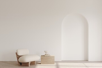 White room with armchair and a coffee table, empty white wall with decorative arch. Light and shadows on the foor. 3D rendering, layout for art presentation