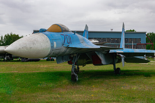 MoscowRussia; June 26 2019: Sukhoi Su-35 multipurpose fighter , displayed in russian aircraft museum