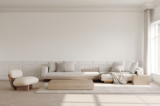 3d rendering of modern living room with cream sofa, white armchair, wooden coffee table, cornice. White wall, carpets on parquet, decor. Light and shadows on the floor