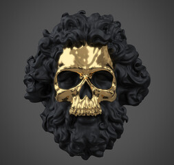 Concept illustration 3D rendering of scary dark classical head sculpture of bearded old man with golden skull mask isolated on grey background.