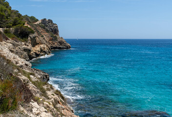 Fototapeta na wymiar coast of island mallorca, near porto christo - mediterranean sea and cliffs at the shoreline