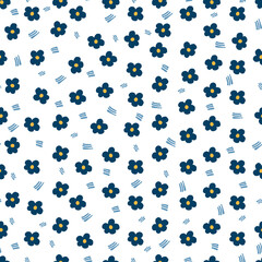 Seamless pattern with small dark blue flowers and strokes on a white background.