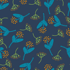 Seamless pattern with herbs in blue, green and orange colors.