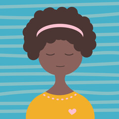 Dark-haired girl with closed eyes on a striped blue background. Calmness, confidence, trust, emotions.