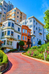 Fototapeta premium Colorful homes lining Lombard Street with curving brick road