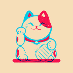Lucky cat. Colorful cute screen printing effect. Riso print effect. Vector illustration. Graphic element  for fabric, textile, clothing, wrapping paper, wallpaper, poster.