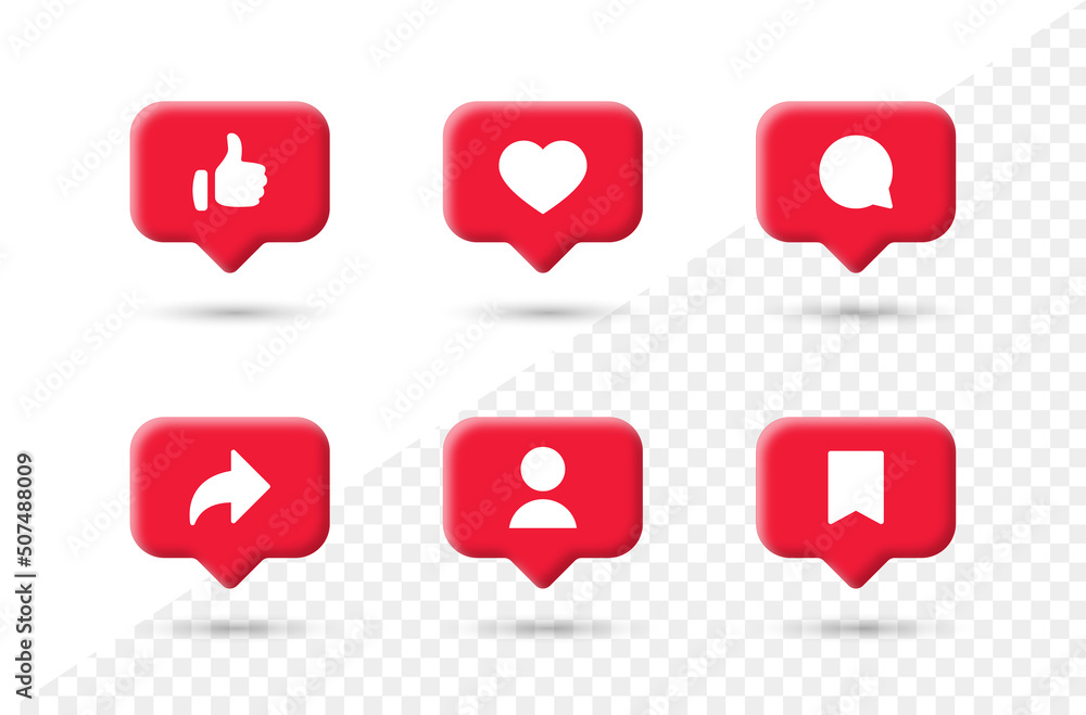 Poster social media notification icons in 3d speech bubbles like love comment share follower save icon. thu