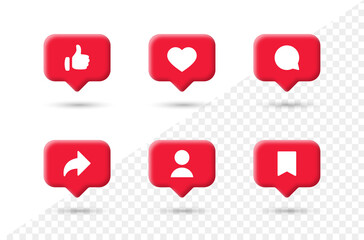 Social media notification icons in 3d speech bubbles like love comment share follower save icon. thumbs up, heart bubble icons