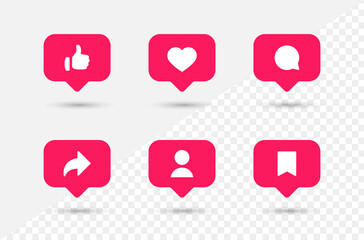 Social media notification icons in speech bubbles like love comment share follower save icon. thumbs up, heart bubble icons - obrazy, fototapety, plakaty