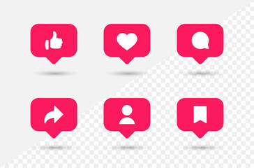 Social media notification icons in speech bubbles like love comment share follower save icon. thumbs up, heart bubble icons