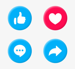 3d social media notification icons, Like love comment share buttons in 3d modern style, Thumb up and heart icon. like, forward, comment repost icon	 - obrazy, fototapety, plakaty