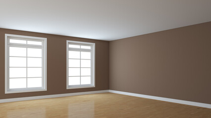 Interior Room Corner with Brown Walls, Two Large Windows, Light Glossy Parquet Floor and a White Plinth. Perspective View. 3d rendering with a Work Path on the Windows. 8K Ultra HD, 7680x4320, 300 dpi