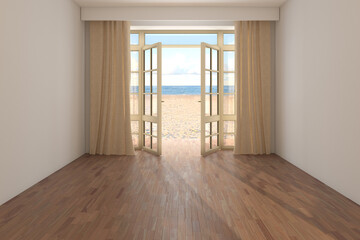 Empty Hotel Room with Sea View. Interior with Open Door Overlooking the Ocean, Beige Curtains, Yellow Sand and Clouds. Dark Parquet Floor and a White Stucco Wall. 3D rendering, 8K Ultra HD, 7680x5121