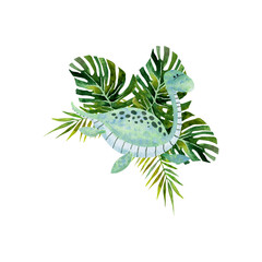 Watercolor illustration with cute turquoise dinosaurs, tropical leaves. Сan be used for stationery design (postcards, calendars, notebooks, booklet etc.), clothing print, etc., phone case design etc
