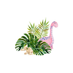 Watercolor illustration with cute pink dinosaurs, tropical leaves. Сan be used for stationery design (postcards, calendars, notebooks, booklet etc.), clothing print, etc., phone case design etc