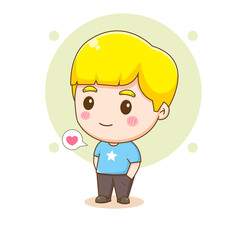 Cute happy boy stands with his hands in pockets. Chibi cartoon character. Vector art illustration
