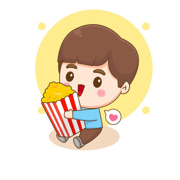 Cute happy boy eating popcorn. Chibi cartoon character. Vector art illustration