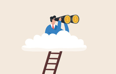 Look for financial opportunities. Finding investment knowledge. New financial innovations. Provide access to more diversified investment opportunities.  Businessman look through binoculars.