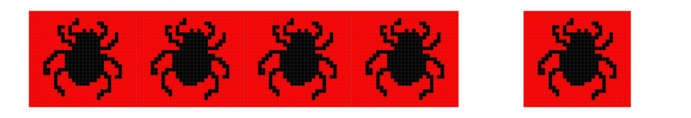 Horizontal seamless red border with black spiders. The scheme for embroidery or making baubles. Halloween decoration