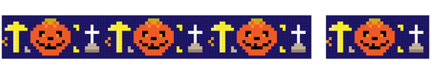 Seamless horizontal border with pumpkins and grave crosses. The scheme for embroidery or making baubles. Halloween decoration