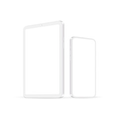 Clay Tablet and Smartphone Mockup, Side View, Isolated on White Background. Vector Illustration