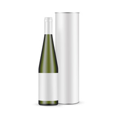 Green Glass Wine Bottle With Label and Cardboard Tube Mockup. Vector Illustration