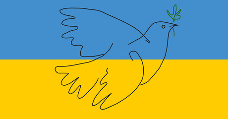 The dove of peace against the background of the Ukrainian flag. - obrazy, fototapety, plakaty