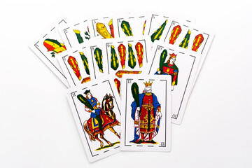 
Madrid, Spain - May 22, 2022 : Spanish card game, spanish deck Tarot cards, the wands, cups, gold...