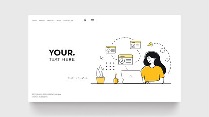Multitasking concept landing page. Woman with web window and check mark. Vector illustration