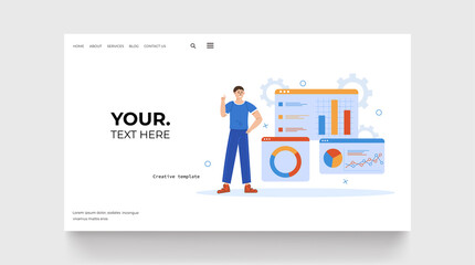 Obraz na płótnie Canvas Business analytics concept landing page. Man standing around web window with graph and statistic. Vector illustration