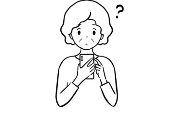 Fototapeta premium スマホで疑問を抱くシニア女性のモノクロ線画イラスト