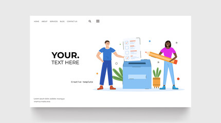 Vote concept landing page. Young man with blank and woman with pencil doing choice. Vector illustration concept