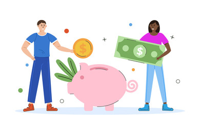Money saving concept. Young man and woman standing aroung piggy bank with money. Vector illustration