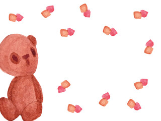 Watercolor background of teddy bear toys with hearts