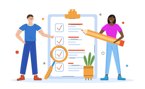 Young Man and woman with pencil standing around check list. All task check concept. Vector illustration