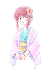 着物を着た女性　花飾り　羽織