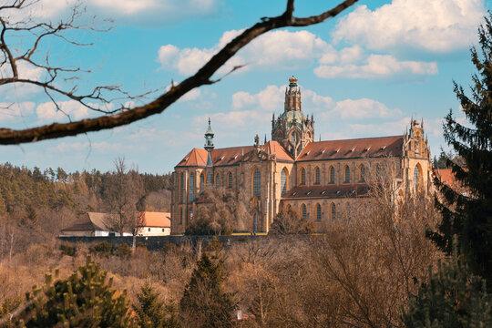 Kladruby monastery, a national cultural monument, Baroque architecture, taken from afar in springtime, Kladruby, Czech Republic
