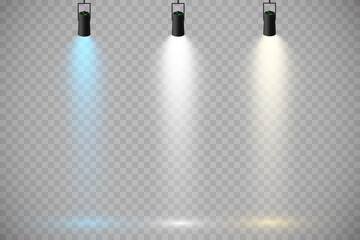 Set of colored spotlights on a transparent background. Bright lighting with spotlights. Spotlight white, blue, yellow.