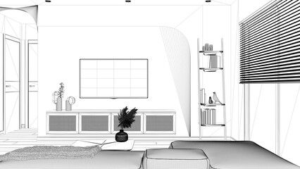 Blueprint project draft, modern wooden living room, velvet sofa with side table, commode with television, ladder shelves with books and decors. Big window with blinds. Interior design