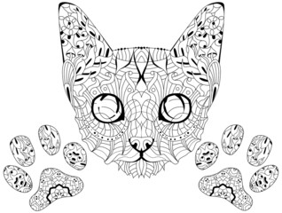 Zentangle stylized head of cat with paw for coloring. Hand Drawn lace vector illustration