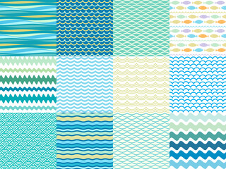 Wave borders vector seamless decorative set. Abstract geometric wavy striped wallpaper design. Ornamental doodle waves vector seamless pattern collection. Ocean waves hand drawn backgrounds. - obrazy, fototapety, plakaty