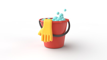Red bucket with detergent and yellow rubber gloves isolated on white background. Housekeeping background. 3d illustration - obrazy, fototapety, plakaty