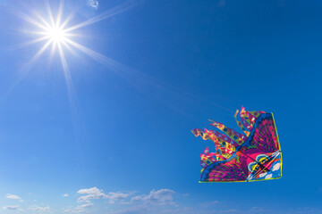 closeup flying dragon on blue sky with sparkle sun